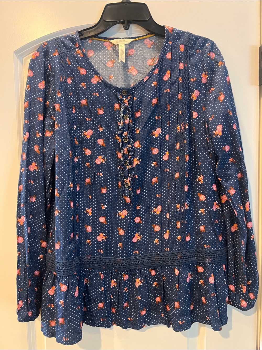 Matilda Jane Navy Floral Peasant Blouse with Ruffle Placket
